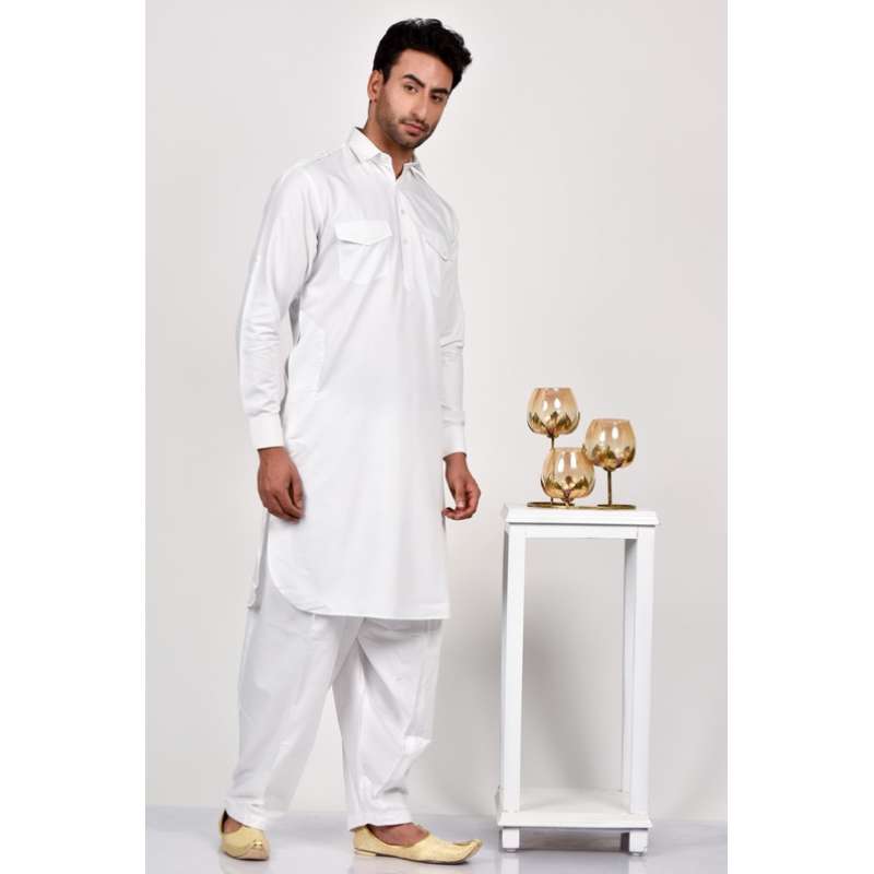 Ethnic Wear by Alif Yay Plain Cotton Suit 2 Piece White Kameez Shalwar - Mens Collection